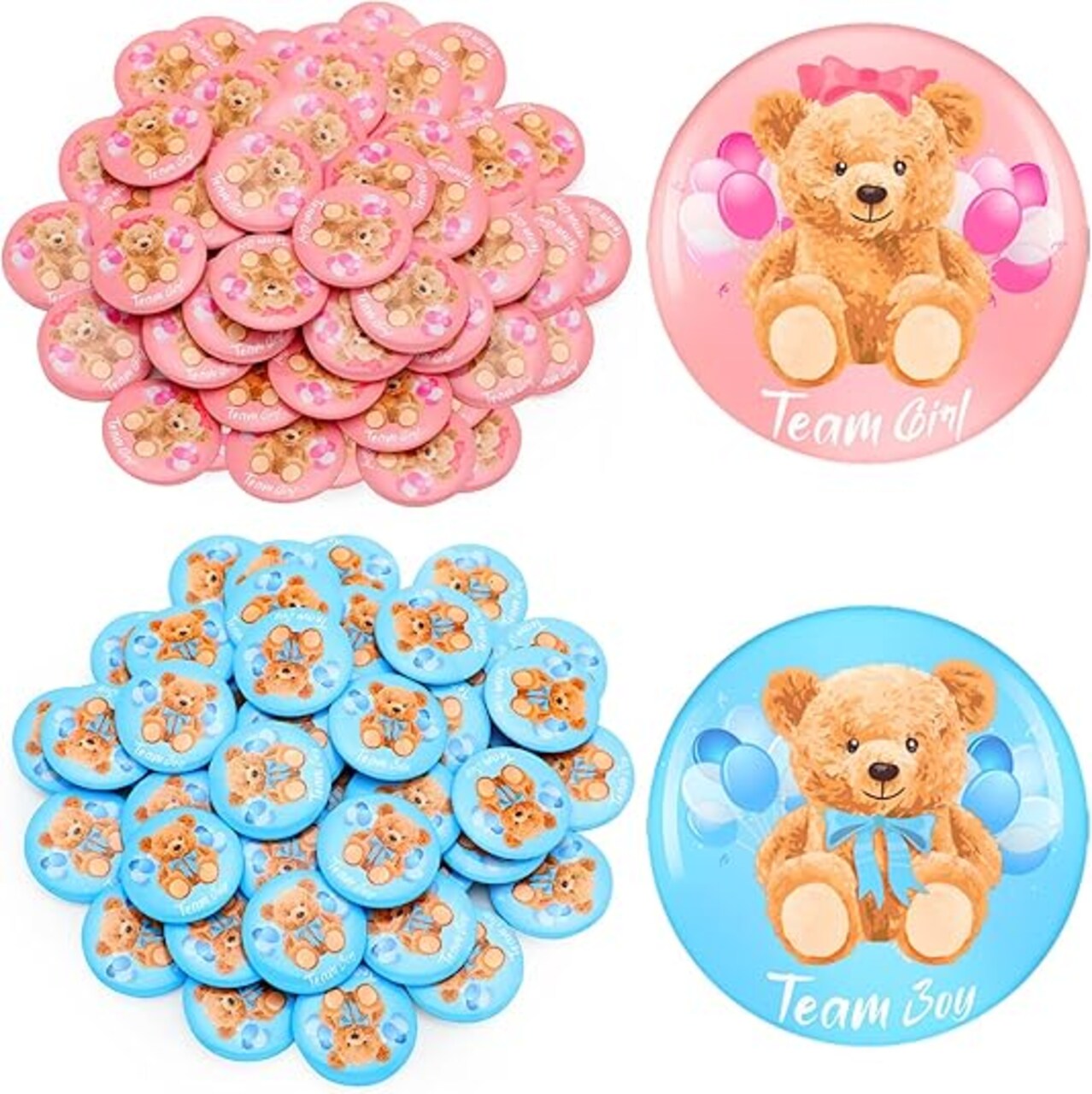 100 Pcs Bear Baby Shower Gender Reveal Buttons Team Pink Blue Gender Reveal Button Pins Watercolor Baby Shower Badges Pins for Party Game Supplies, 1.5 Inches